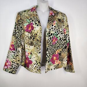 KulaKula Womens Blazer Jacket Large 100% Silk Animal Print Floral Open Front